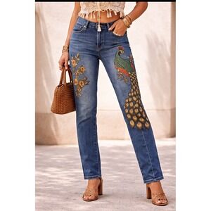 D2 Couture Embroidered Peacock Jeans Size 10 Floral Statement‎ Denim, Boho, Y2k
